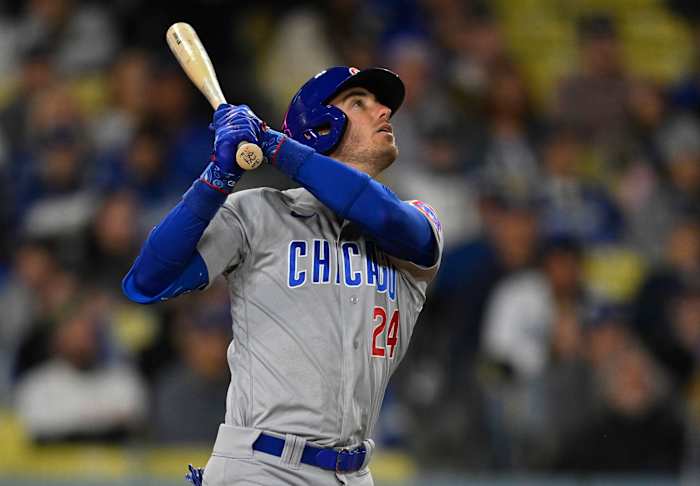 Chicago Cubs center fielder Cody Bellinger (24) flies out in the fifth inning against the Los Angeles Dodgers at Dodger Stadium.